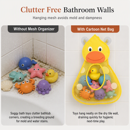 Cartoon Animal Bath Toy Organizer Mesh Storage Bag with Suction Cups for Kids Bathroom